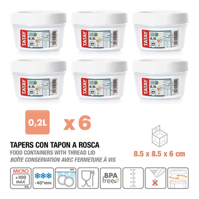 TATAY Twist - Set de 6 Recipientes Redondos 0.2L con Cierre Hermético a Rosca. Blanco