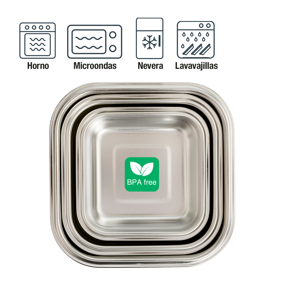 IBILI Keepklin - Lote de 3 Recipientes Cuadrados de 0.3L, 0.5L y 0.8L en Acero Apto Microondas