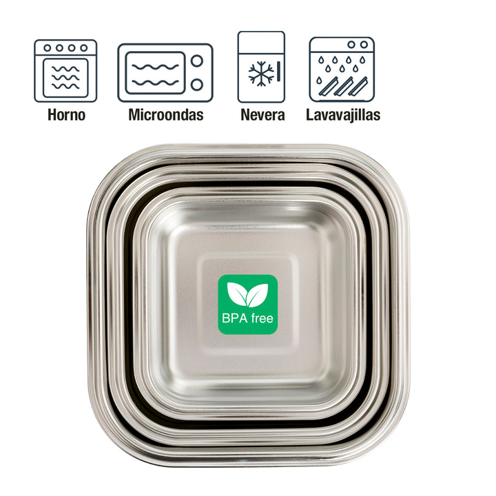 IBILI Keepklin - Lote de 3 Recipientes Cuadrados de 0.3L, 0.5L y 0.8L en Acero Apto Microondas