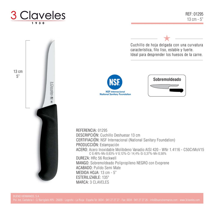 3 Claveles Gourmet - Kit Profesional de Cuchillo Jamonero Deshuesadores Chaira y Funda
