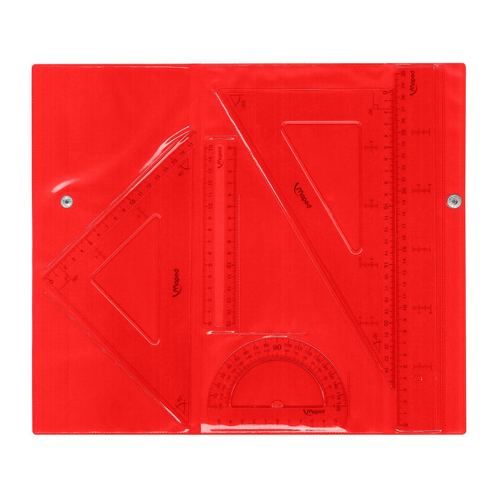 MAPED - Kit de 4 Piezas Escolares Transparentes Technic para Geometría con Bolsa con Cierre. Rojo