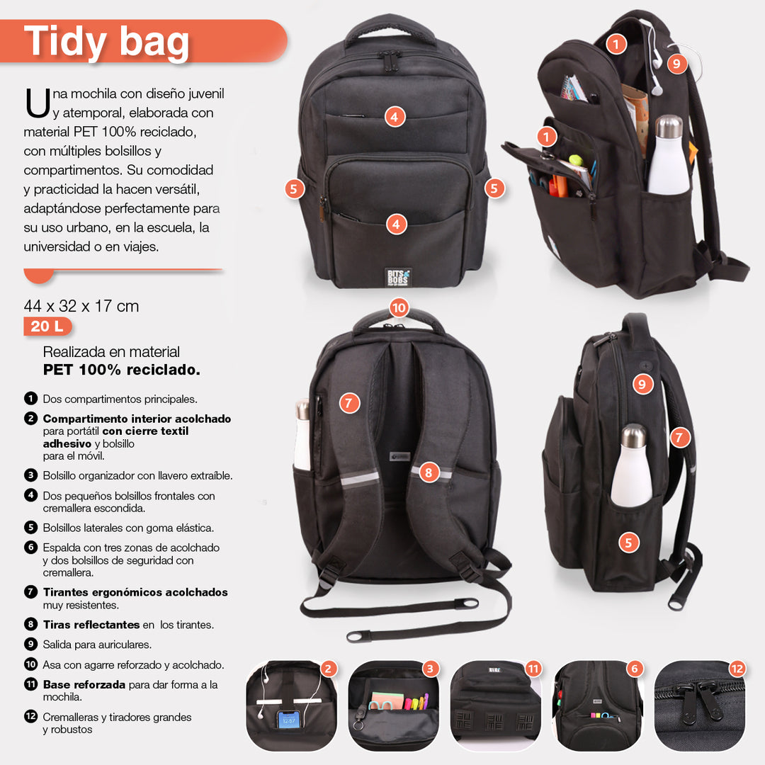 Grafoplás TidyBag - Mochila Juvenil de Multiples Bolsillos y Cremalleras para Portatil