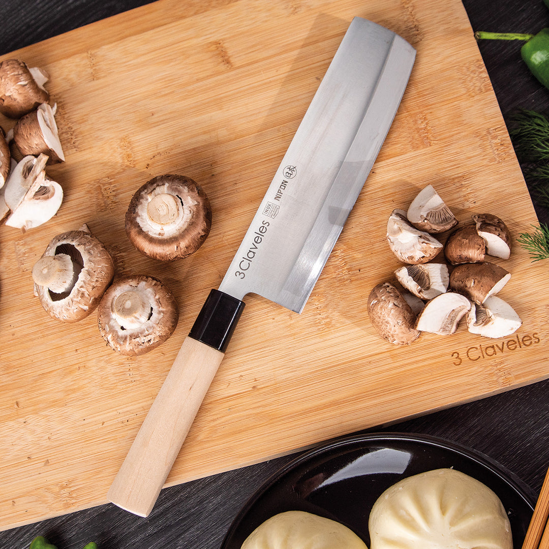 3 Claveles NIPON - Cuchillo Japones Usuba 18 cm Acero Inoxidable y Mango Madera de Arce