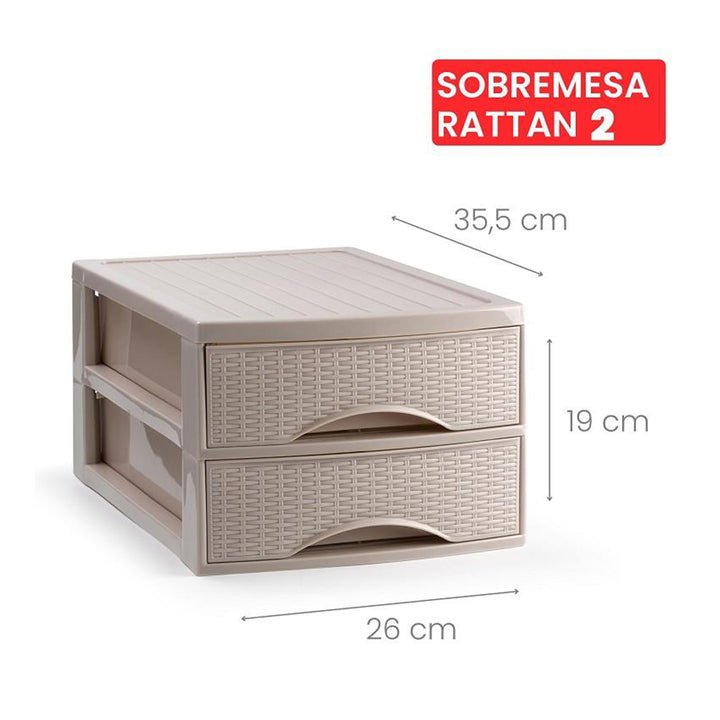 Plastic Forte Rattan - Cajonera de Sobremesa 2 Cajones en Plástico. Marrón