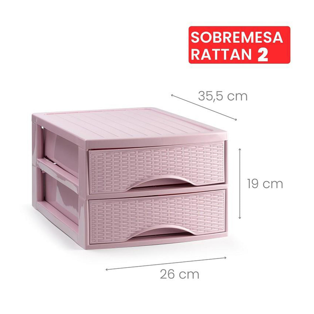 Plastic Forte Rattan - Cajonera de Sobremesa 2 Cajones en Plástico. Rosa