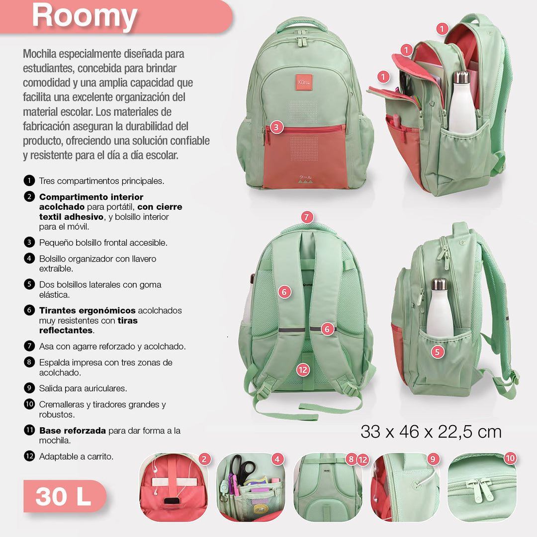 Grafoplás - Mochila Escolar 3 Cremalleras con Divisor para Portátil. Adaptable Carrito. Sweet