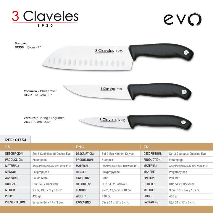 Claveles EVO - Set de 3 Cuchillos de Verduras, Cocina y Santoku en Acero Inoxidable