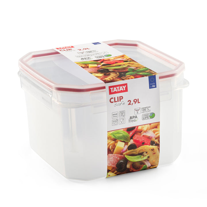 TATAY Clip Safe - Recipiente Hermético Cuadrado 2.9L con Cierre de Pestañas. Rojo