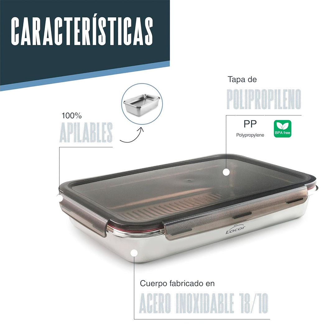 LACOR EcoInox Pro - Recipiente Rectangular de 3.5L en Acero Inoxidable. Apto Nevera y Horno