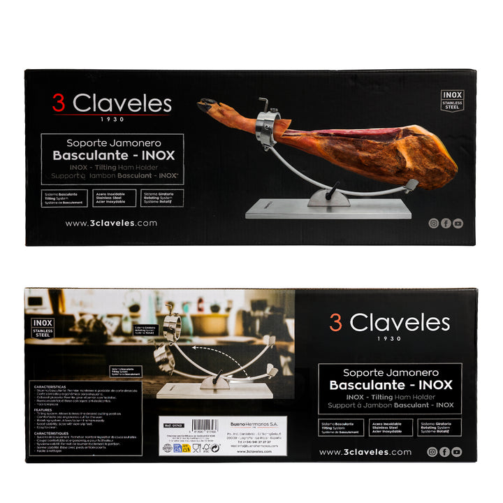 3 Claveles 01743 - Soporte Jamonero Basculante en Acero con Cabezal Giratorio y Cubre Jamón