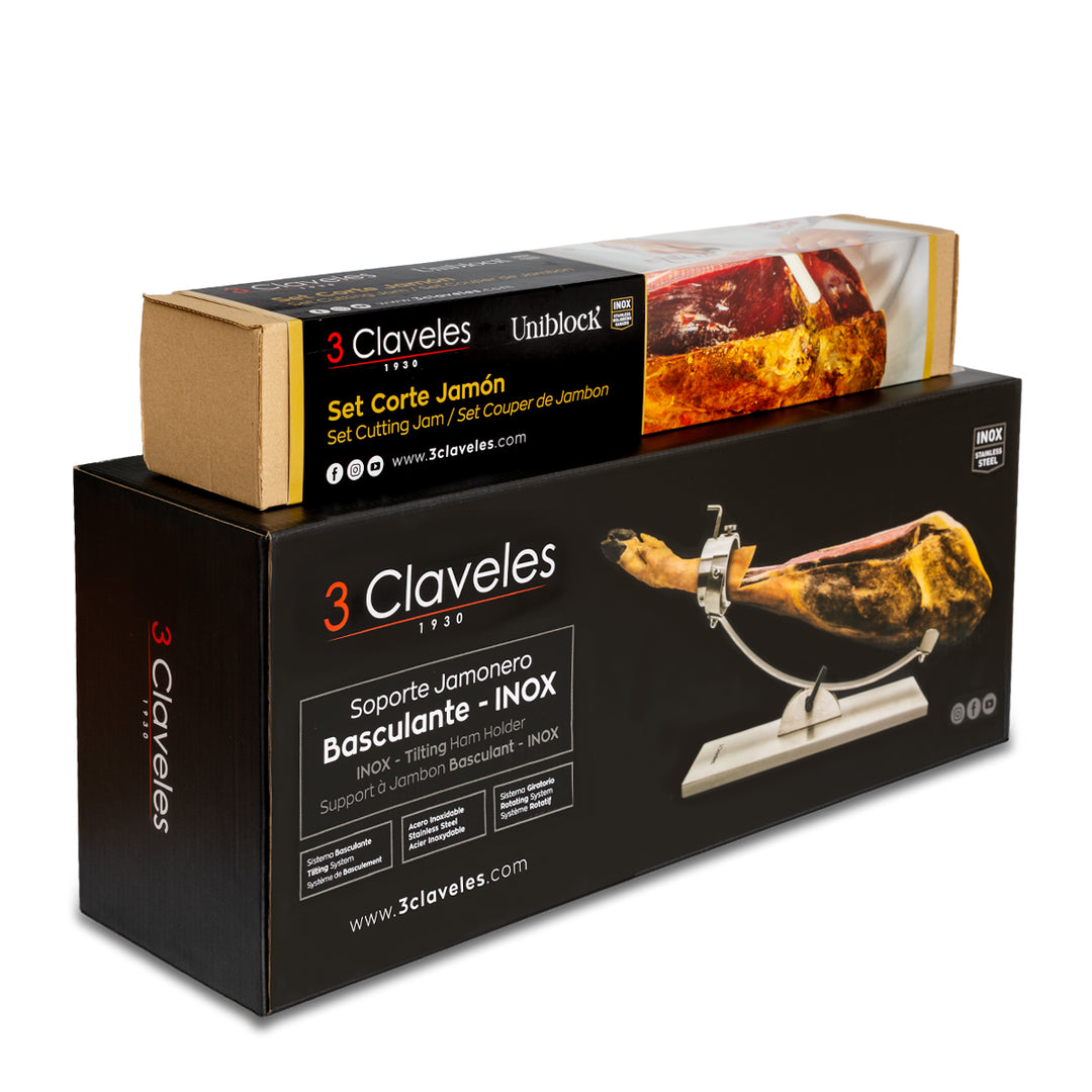 3 Claveles 01743 - Soporte Jamonero Basculante en Acero y Kit de Corte Profesional Uniblock
