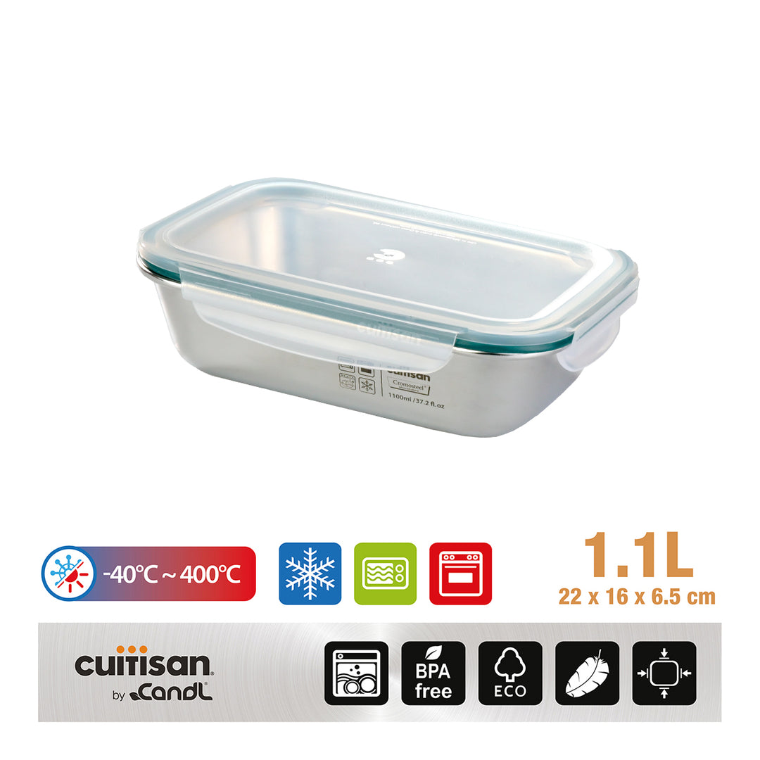 Cuitisan Simple - Recipiente Rectangular de 1.1L en Acero Inoxidable Apto Microondas