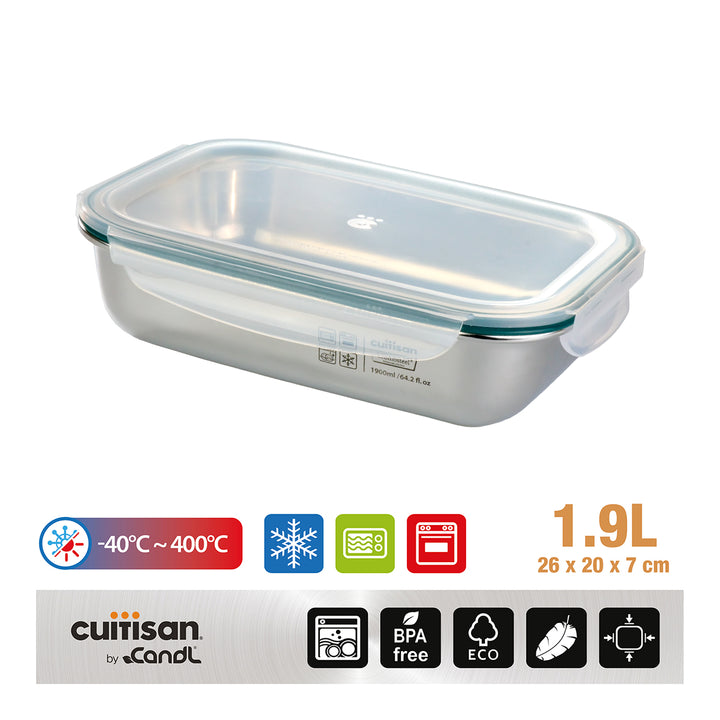 Cuitisan Simple - Recipiente Rectangular de 1.9L en Acero Inoxidable Apto Microondas