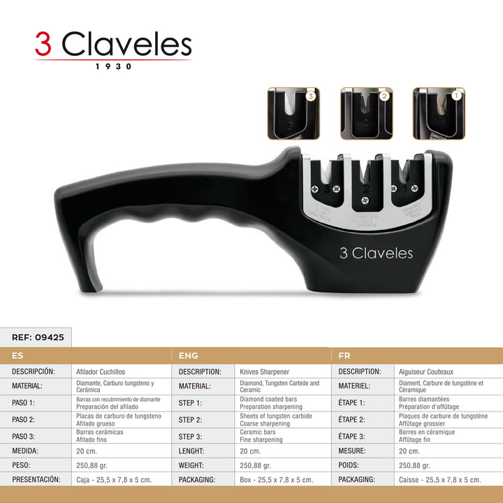 3 Claveles - Afilador Cuchillos 3 Pasos Mango Ergonómico. Diamante, Carburo y Cerámica