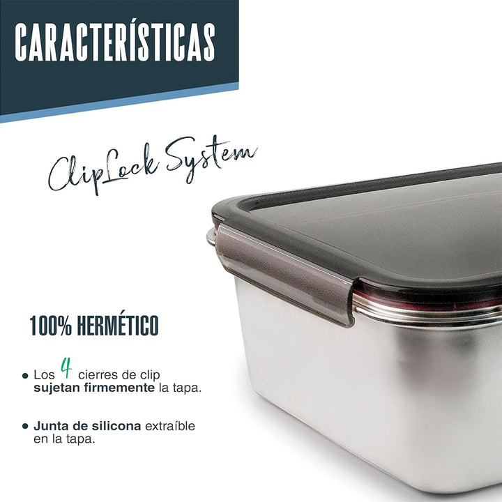 LACOR EcoInox Pro - Recipiente Rectangular de 6.5L en Acero Inoxidable. Apto Nevera y Horno