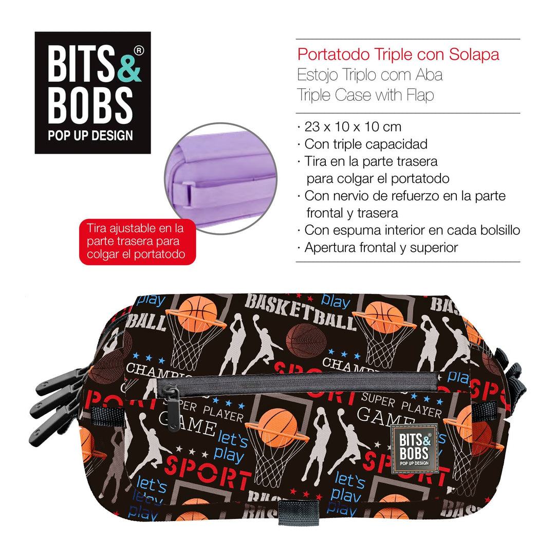 Grafoplás Design - Estuche Portatodo Triple con Solapa para Material Escolar. Basket