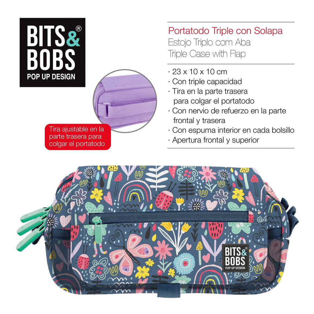 ColePack EcoDes - Estuche Triple de 3 Cremalleras con Material Escolar Incluido. Botanic