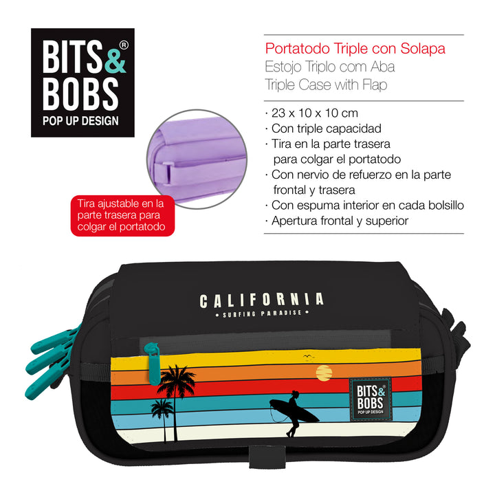 ColePack Design - Estuche Triple de 3 Cremalleras con Material Escolar Incluido. California