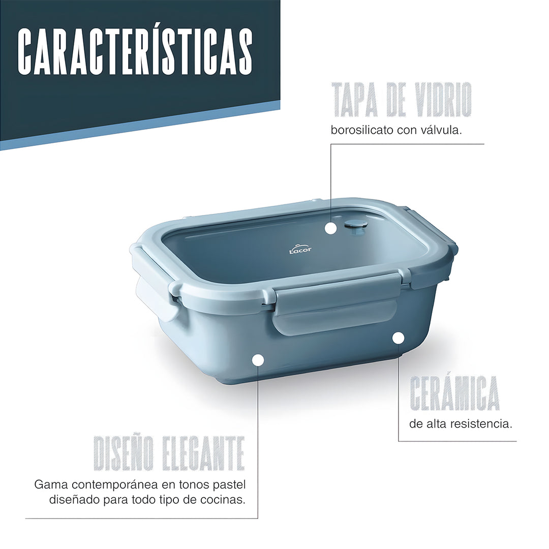 LACOR Ceram - Recipiente Rectangular de Cerámica y Tapa de Cristal Apto Microondas