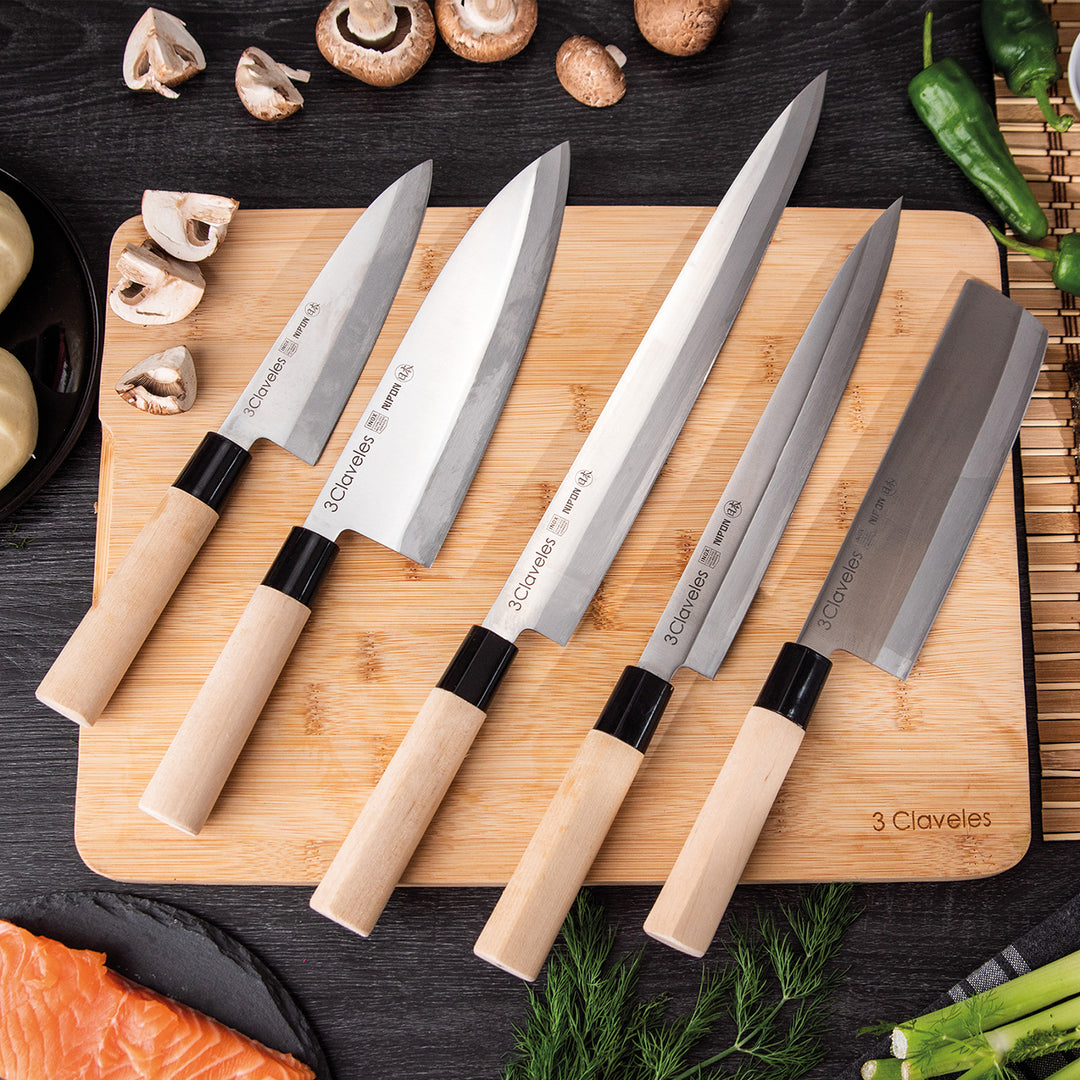 3 Claveles NIPON - Cuchillo Japones Yanagiba 24 cm Acero Inoxidable y Mango Madera de Arce