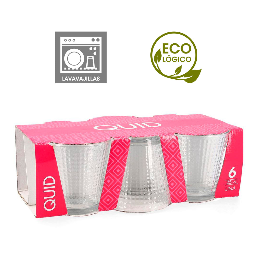 QUID Lina - Juego de 6 Vasos Bajos con Relieve de 25 cl en Vidrio Ecológico Reciclable