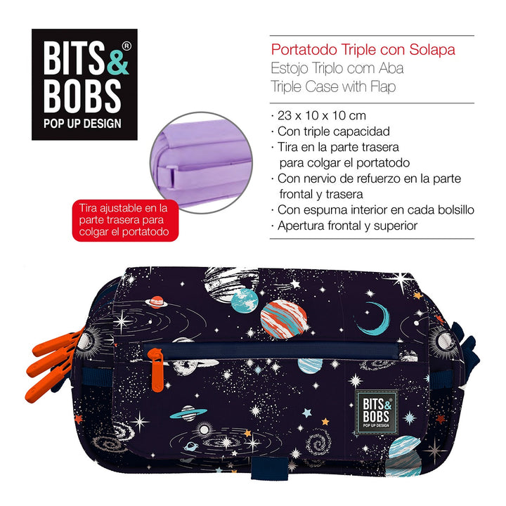 Grafoplás Design - Estuche Portatodo Triple con Solapa para Material Escolar. Cosmos