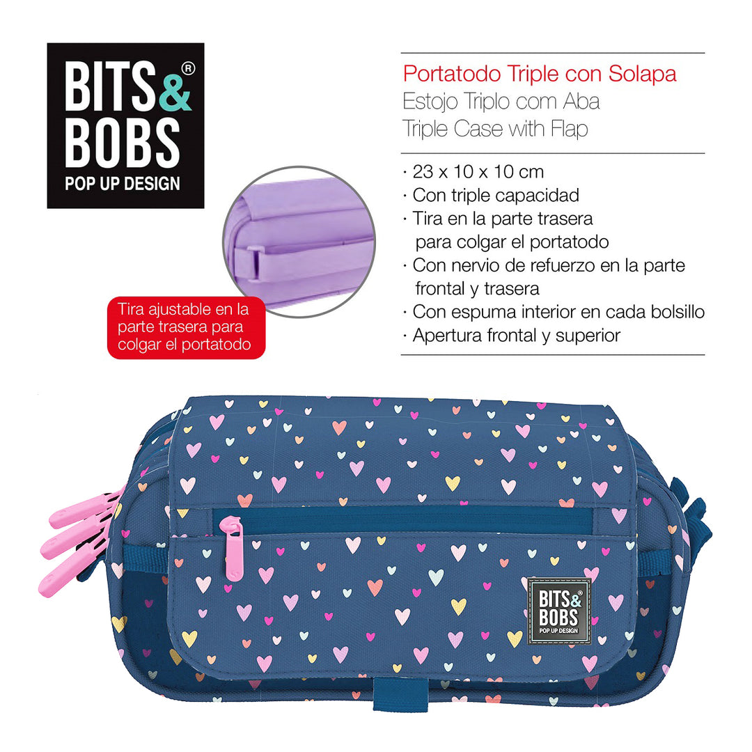 ColePack Design - Estuche Triple de 3 Cremalleras con Material Escolar Incluido. Hearts
