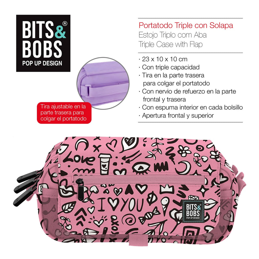 Grafoplás Design - Estuche Portatodo Triple con Solapa para Material Escolar. I Love You