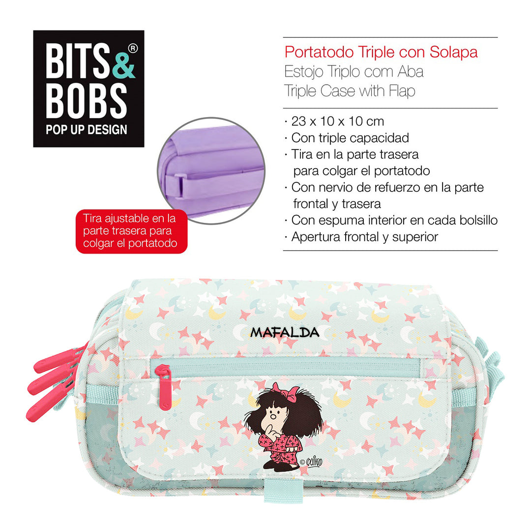 ColePack Design - Estuche Triple de 3 Cremalleras con Material Escolar Incluido. Mafalda Pijama