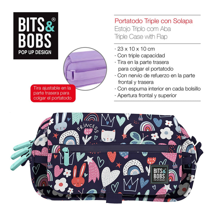 Grafoplás Design - Estuche Portatodo Triple con Solapa para Material Escolar. Princess