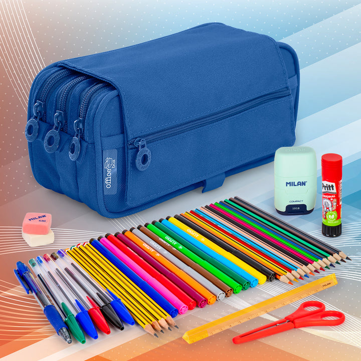 ColePack Pro -Estuche Triple de 3 Cremalleras con Material Escolar Incluido. Azul Oscuro