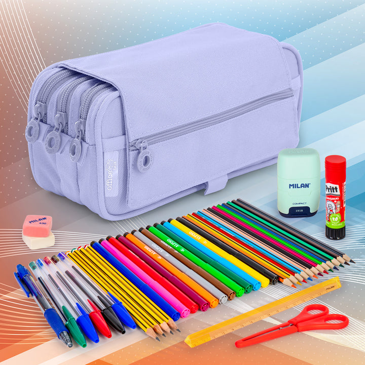 ColePack Pro - Estuche Triple de 3 Cremalleras con Material Escolar Incluido. Violeta