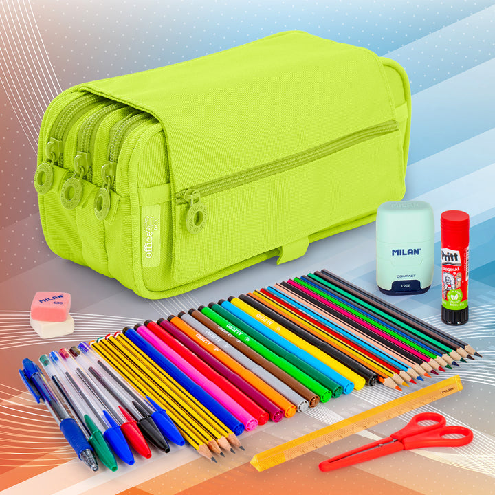 ColePack Pro - Estuche Triple de 3 Cremalleras con Material Escolar Incluido. Flúor