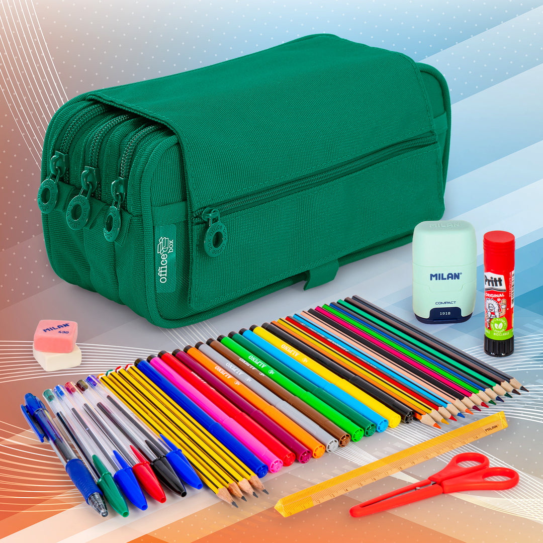 ColePack Pro - Estuche Triple de 3 Cremalleras con Material Escolar Incluido. Verde