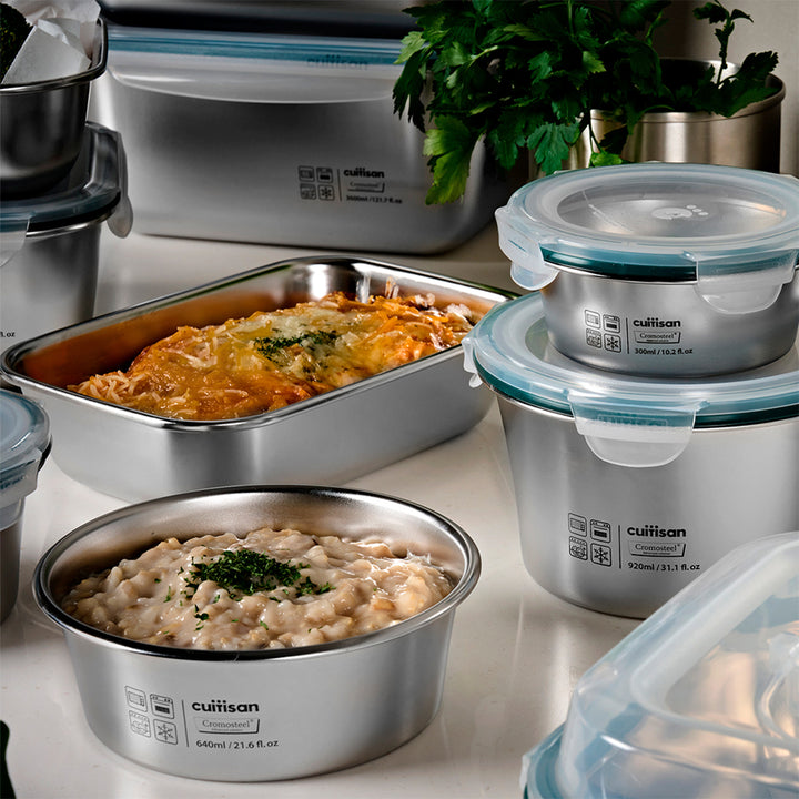 Cuitisan Simple - Lote de 4 Recipientes Redondos de 0.3L, 0.4L, 0.6L y 0.9L en Acero Apto Microondas