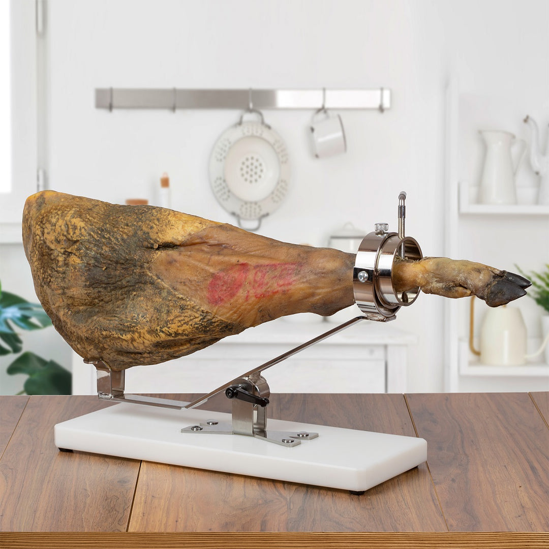 BELLO Teide - Soporte Jamonero Basculante en Fibra Blanca y Acero Inoxidable con Cubrejamón