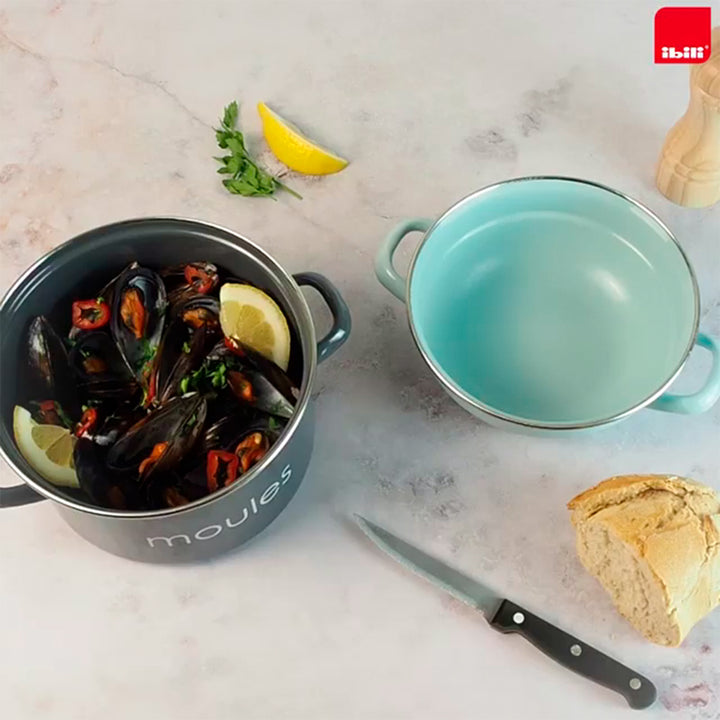 IBILI Moules - Olla de 18 cm para Mejillones en Acero Esmaltado con Tapa Especial. Petrol