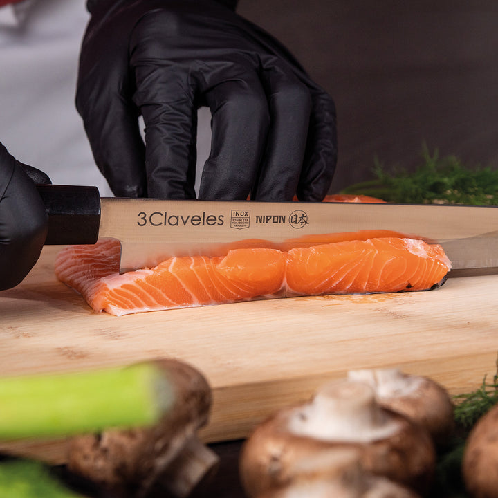 3 Claveles NIPON - Cuchillo Japones Yanagiba 24 cm Acero Inoxidable y Mango Madera de Arce