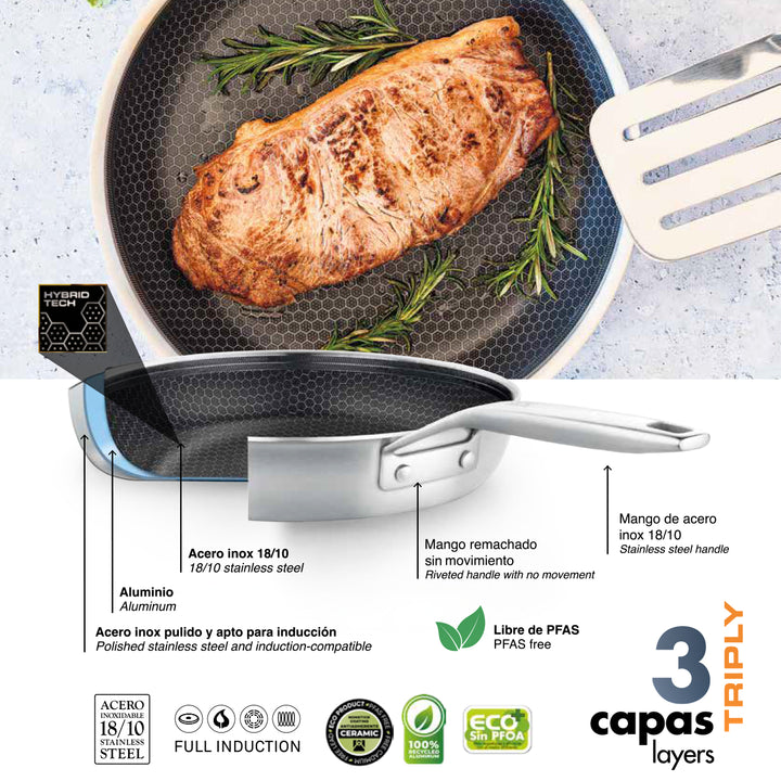 BRA Hybrid Cell - Sartén de Acero Inoxidable con Triple Fondo Difusor. Apta Inducción