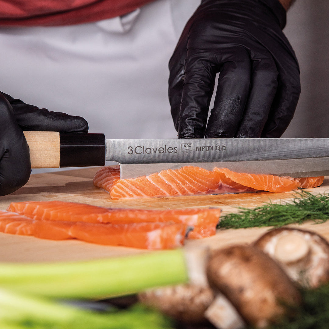 3 Claveles NIPON - Kit Cuchillos Grandes Tipo Japonés Acero Inoxidable y Mango de Arce