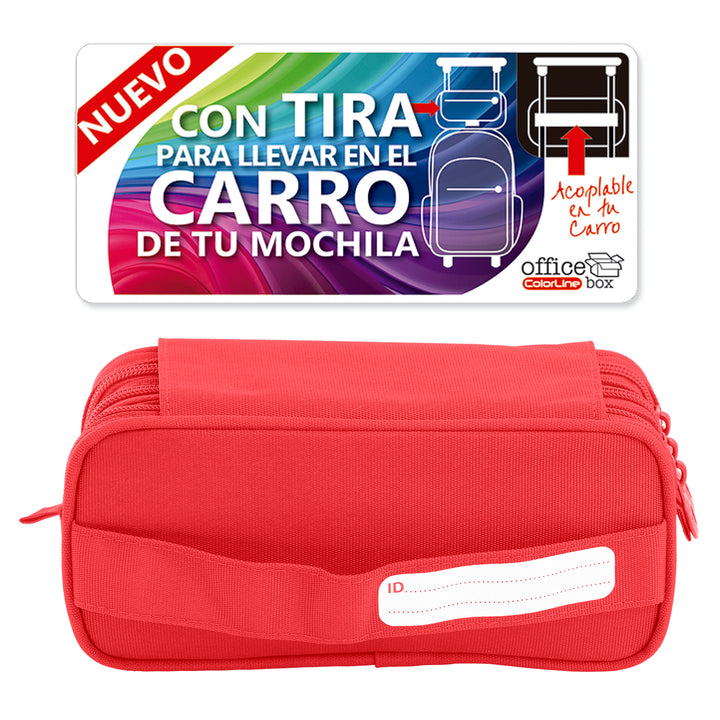 Estuche Escolar Triple Portatodo de Alta Capacidad con Tres Cremalleras. Rojo Coral