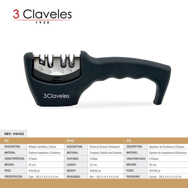 3 Claveles - Afilador Cuchillos y Tijeras 4 Pasos Ergonómico. Carburo Tungsteno  y Cerámica