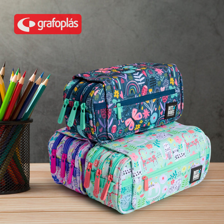 Grafoplás Design - Estuche Portatodo Triple con Solapa para Material Escolar. Cats