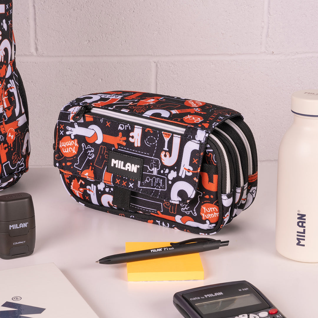 ColePack PRO Milan - Estuche Triple de 3 Cremalleras y Material Escolar Incluido. Fingers