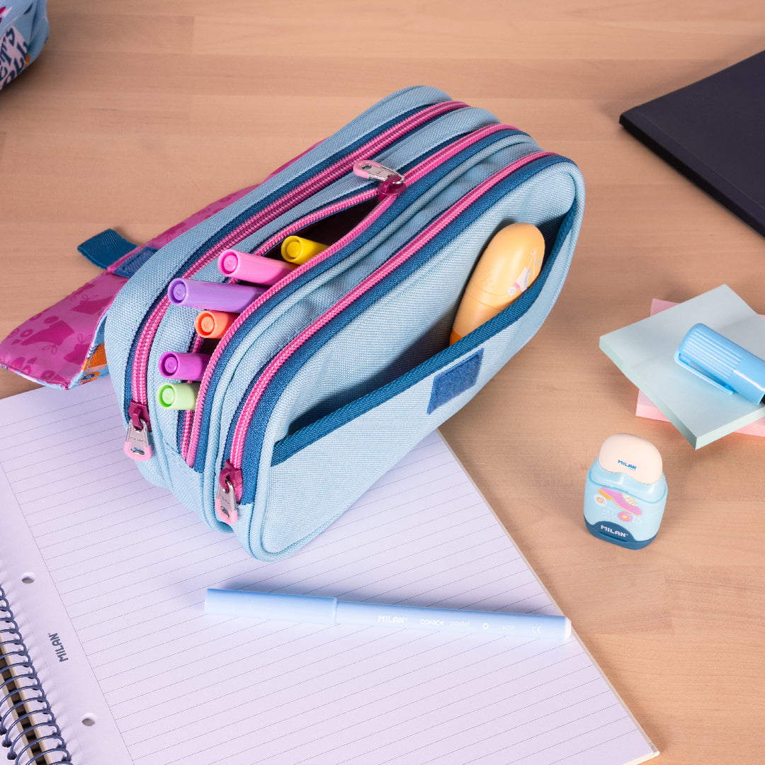 ColePack PRO Milan - Estuche Triple de 3 Cremalleras y Material Escolar Incluido. Roller