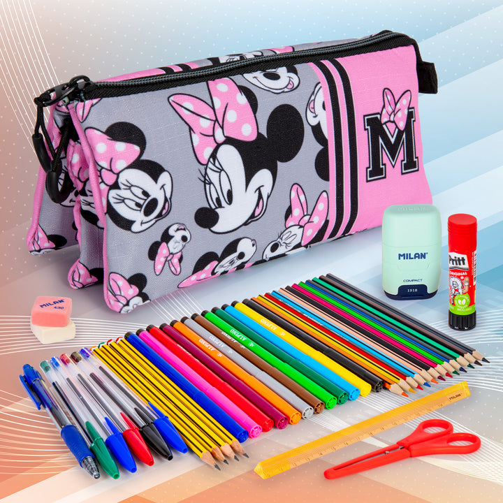 ColePack Minnie - Estuche Triple de 2 Cremalleras con Material Escolar. Ribbons