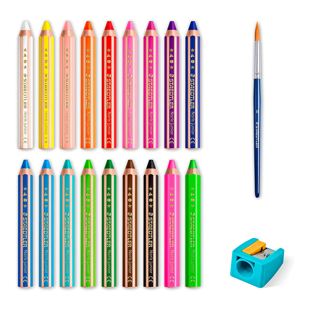  STAEDTLER Noris Junior - Caja de 18 Lápices de Colores Extra Gruesos. Incluye Sacapuntas y Pincel