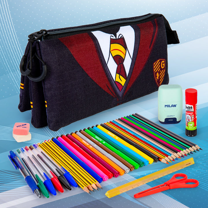 HARRY POTTER Uniform - Estuche Escolar Triple Portatodo con 2 Cremalleras. Negro