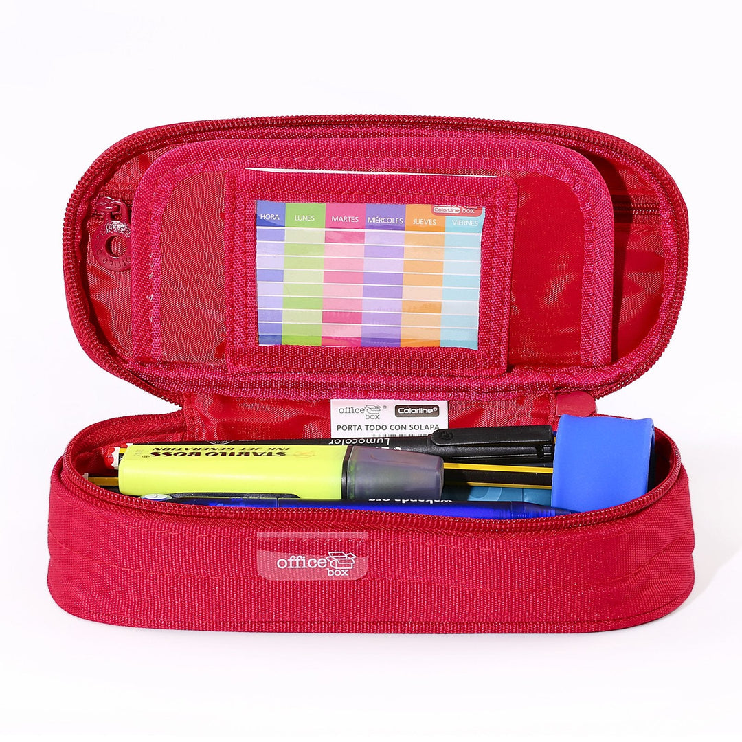 Estuche Portatodo Escolar Ovalado Multiuso con Solapa, Rojo