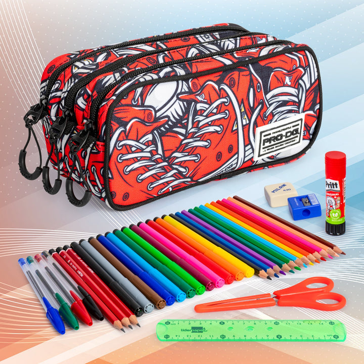 PRODG Sneak - Estuche Escolar Triple Portatodo Tres Cremalleras TRICK FAN Rojo